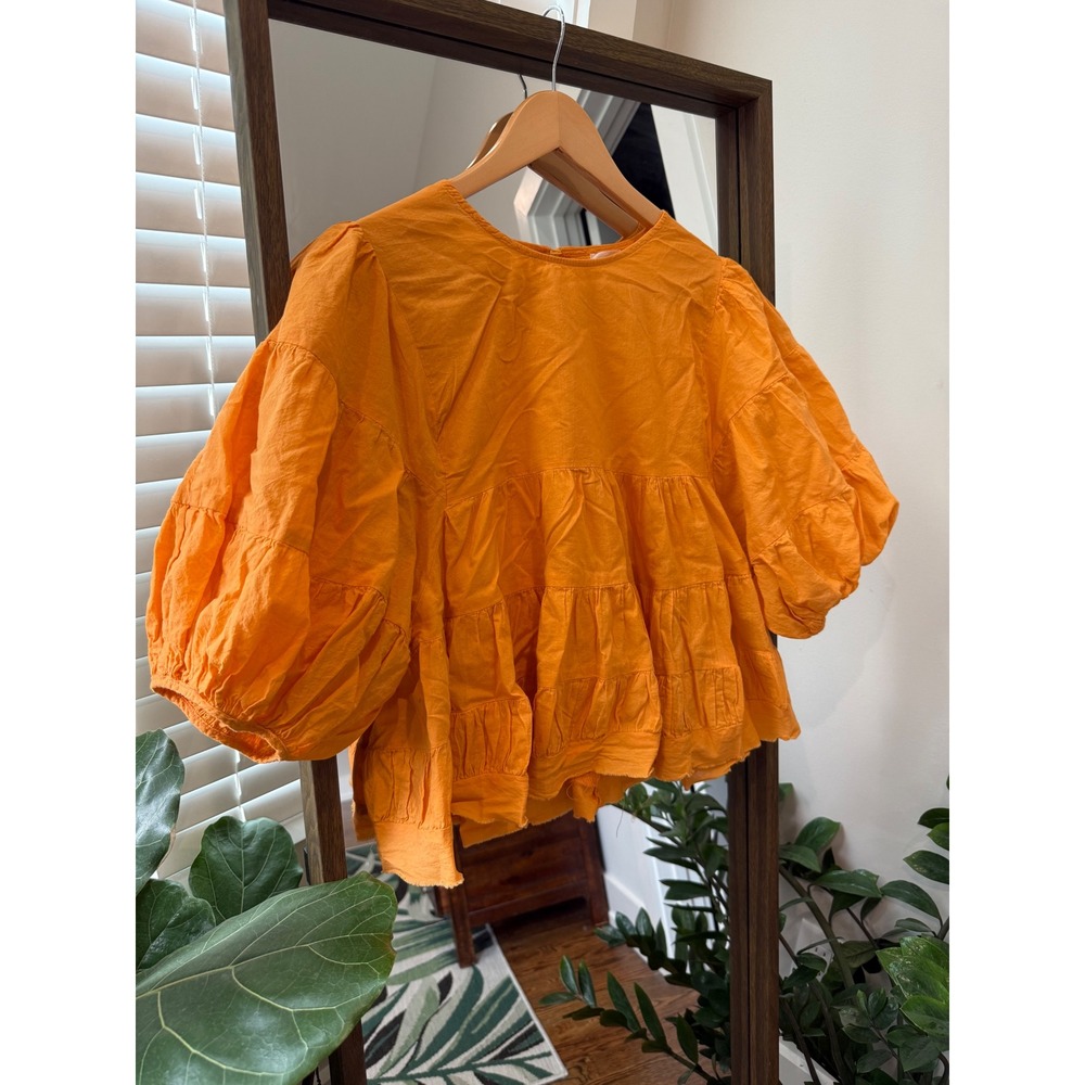 B Bungalows Orange Tiered Puff Sleeve Top Cotton Women's Size M Resort Travel TN
